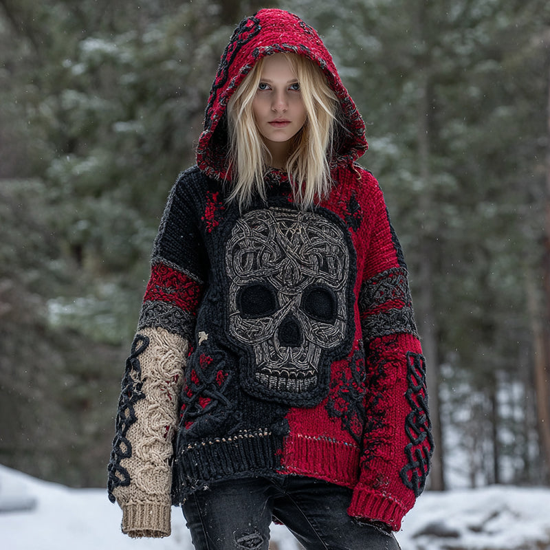 Women's Vintage Skull Patchwork Stitched Cozy Knit Hooded elevenforest