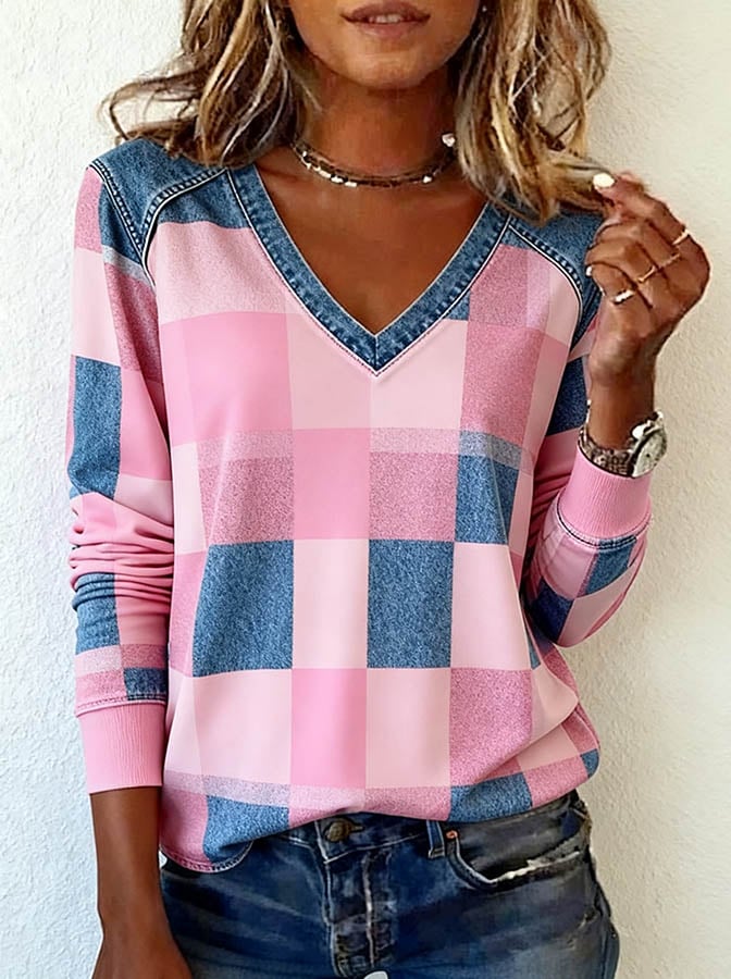 Women'S Casual V Neck  Patchwork Pullover Sweatshirt 