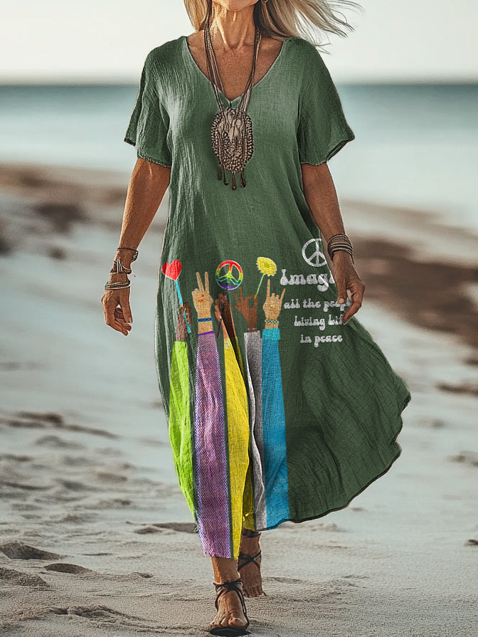 Women's Hippie Art Print Pocket Cotton Dress