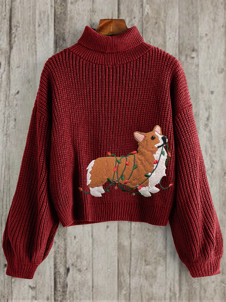 Comstylish Funny Christmas Corgi Dog Embroidered Cozy Turtleneck Sweater