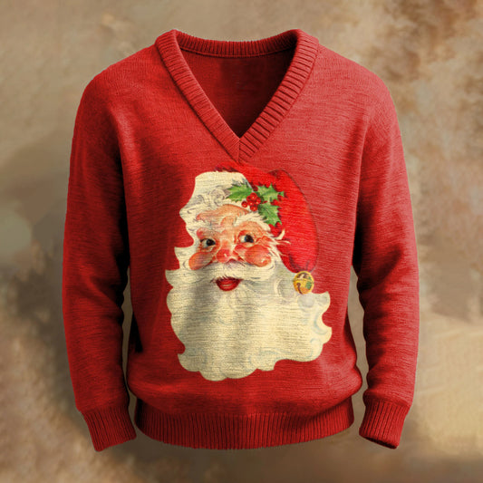 Men's Christmas Santa Claus Print V-neck Cozy Knit Pullover Sweater artswardrobe