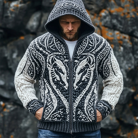 Men's Viking Wolf Inspired Celtic Contrast Chunky Hooded Cardigan artswardrobe