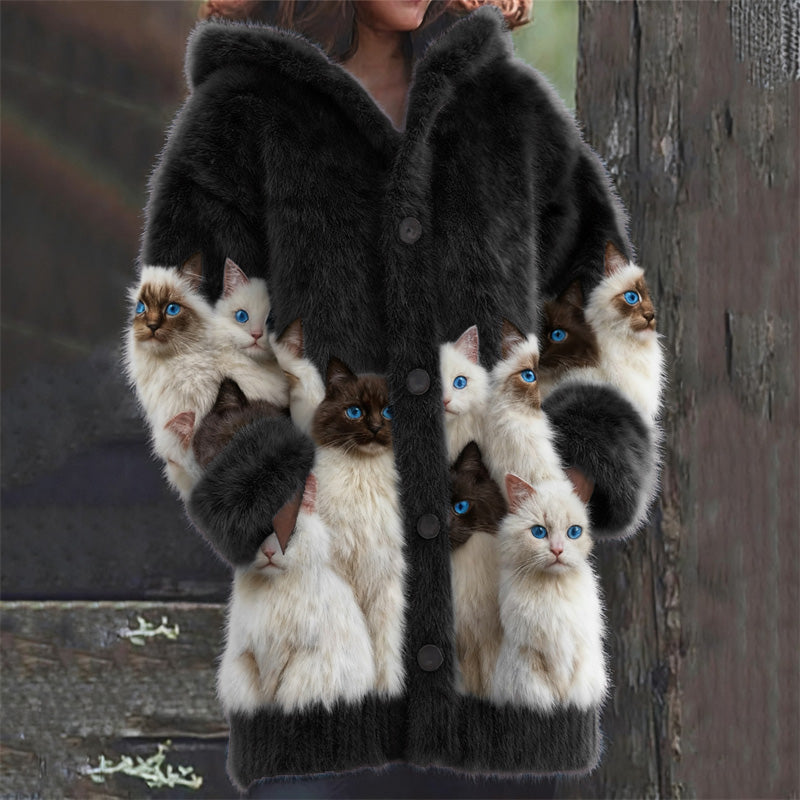 Cardigan in lana con stampa di gatti bianco e nero