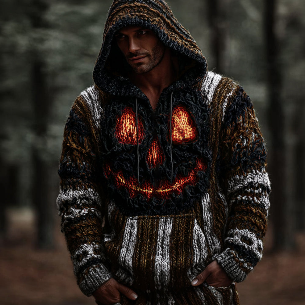 Men's Halloween Pumpkin Smiling Face With Ancient Pumpkin Stripes Hooded Sweater artswardrobe