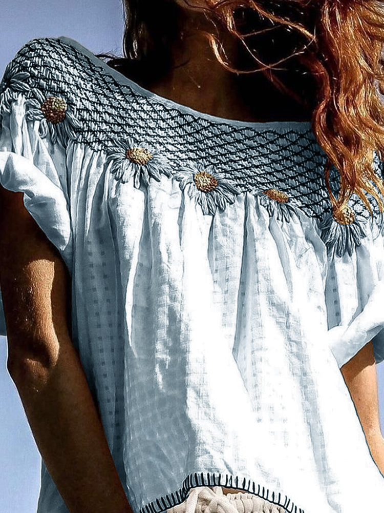 Comstylish Vintage Sunflower Floral Art Cotton Linen Comfy Shirt