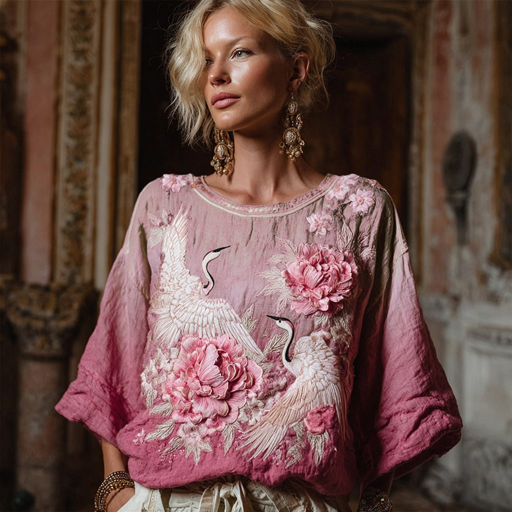 Vintage Crane And Peony Gradient Art Linen Three-quarter Sleeves Shirts artswardrobe