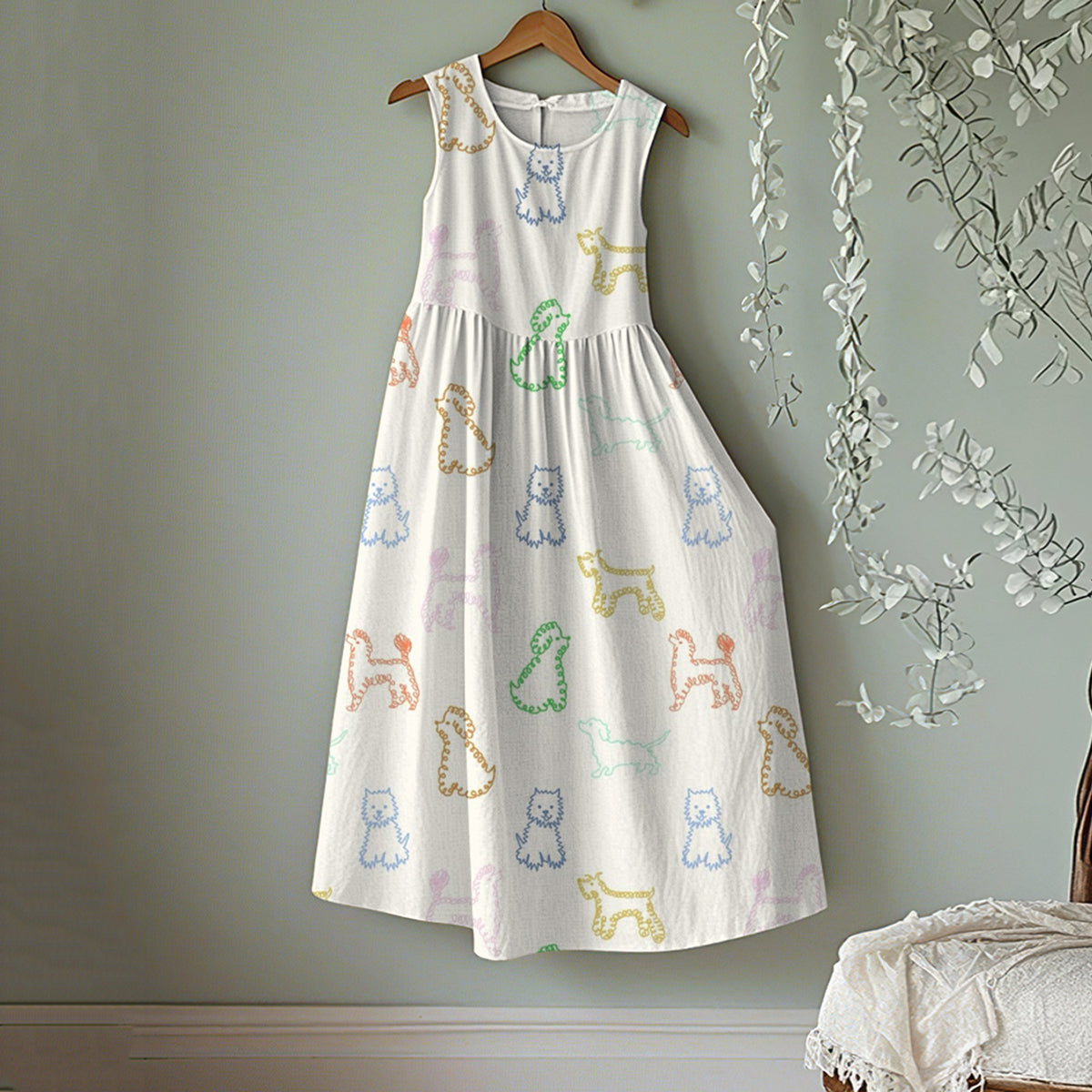 Comstylish Vintage Color Line Puppy Art Linen Tank Midi Dress