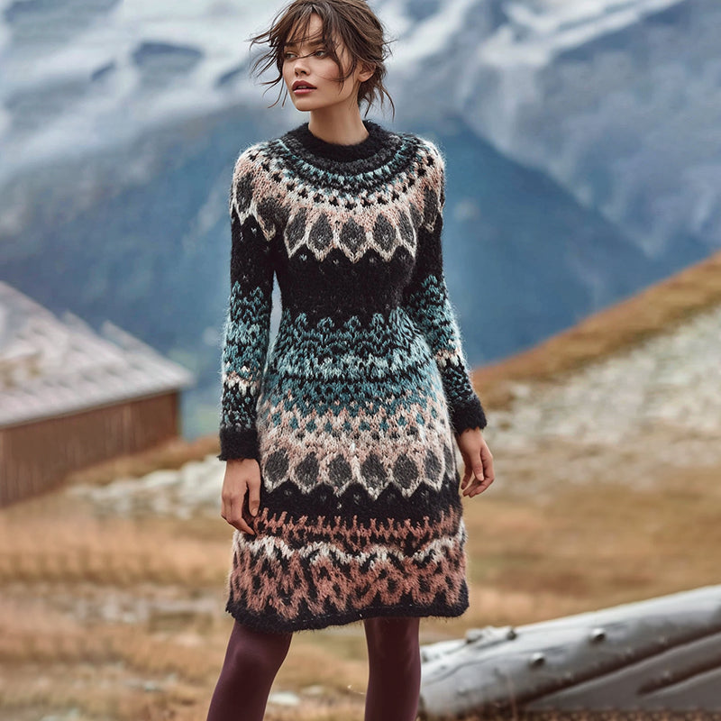 Women's Norwegian Jacquard Icelandic Cozy Knit Sweater Dress elevenforest