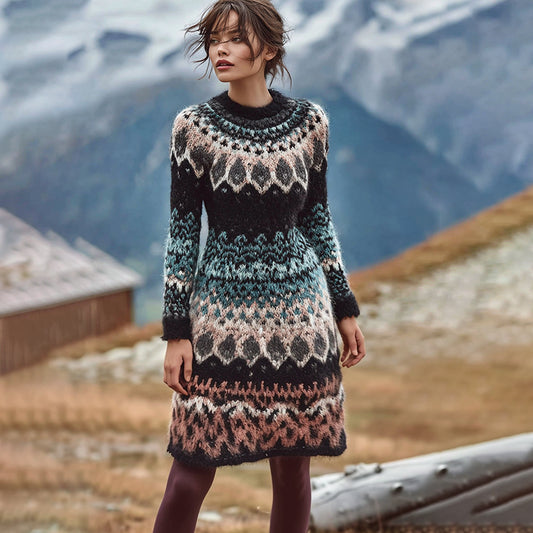 Women's Norwegian Jacquard Icelandic Cozy Knit Sweater Dress elevenforest