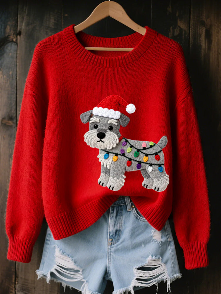 Women's Christmas Schnauzer Dog Felt Art Cozy Knit Sweater artswardrobe