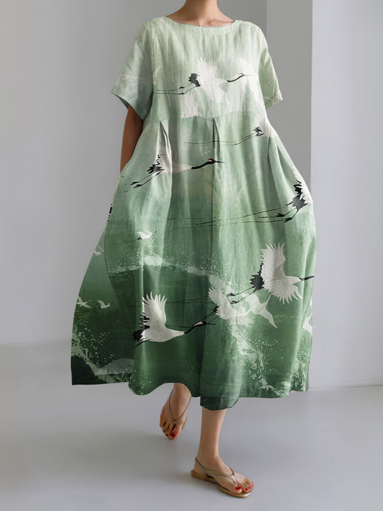 Japanese Art Crane Print Round Neck Short Sleeve Casual Midi Dress