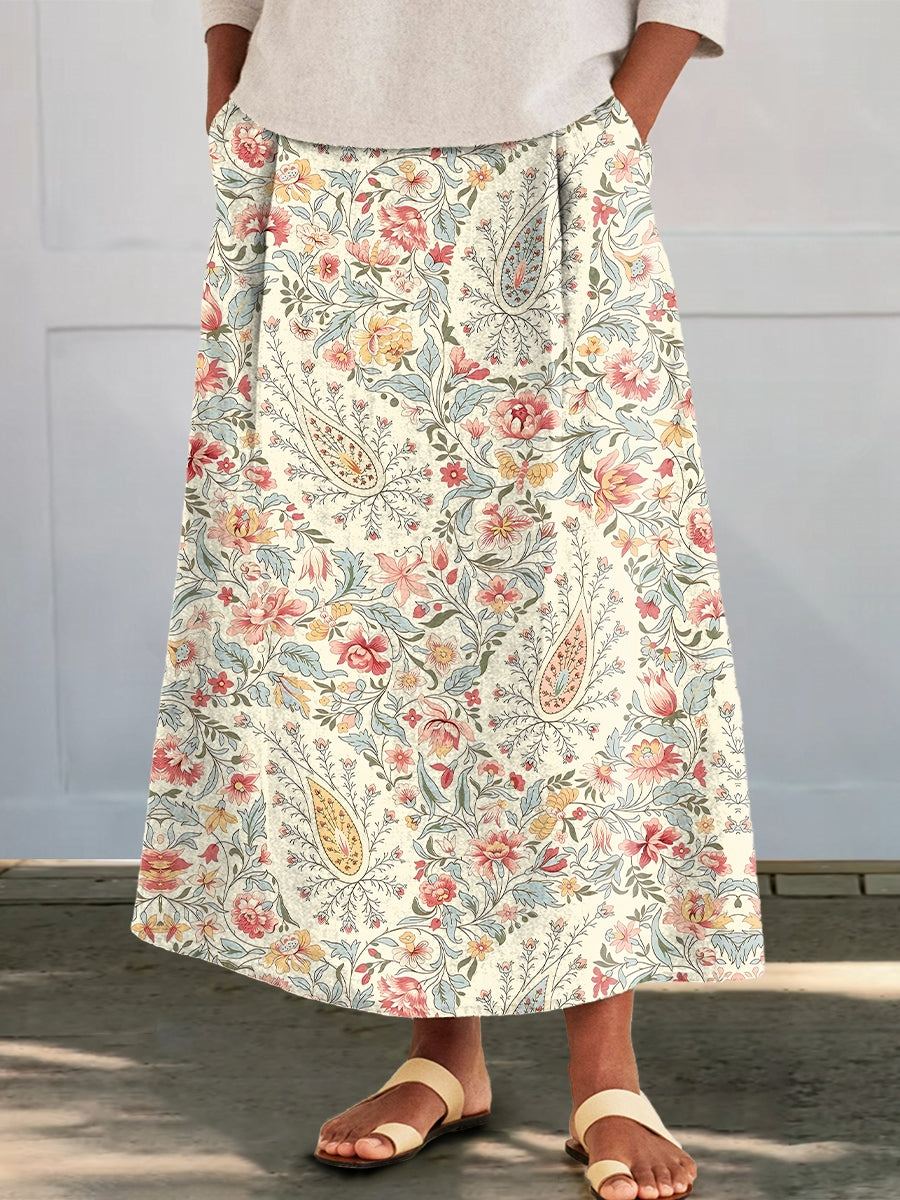 Women's Folk Paisley Floral Print Cotton and Linen Pocket Skirt