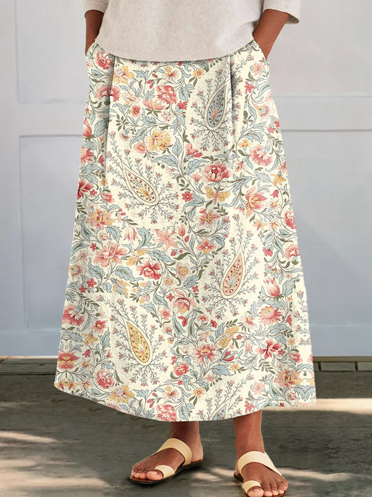 Women's Folk Paisley Floral Print Cotton and Linen Pocket Skirt