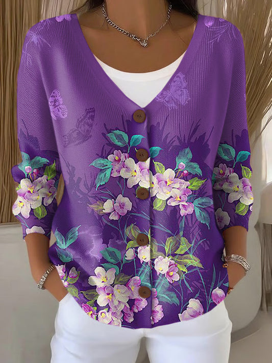 Women's Casual Purple Floral Art Print Cardigan artswardrobe