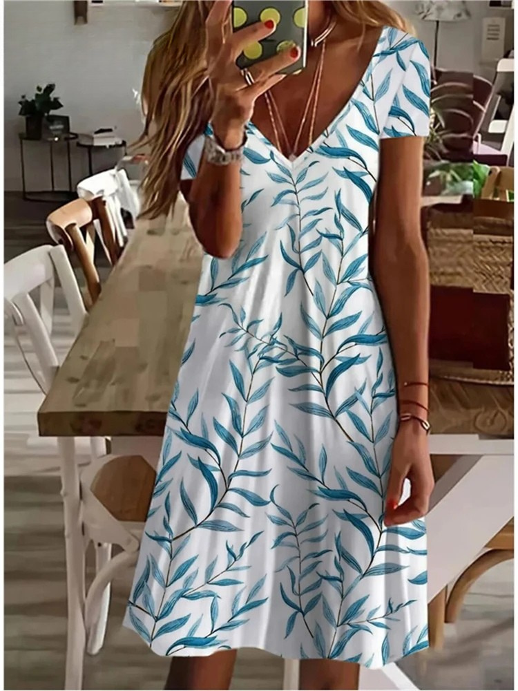 ER | Donna Sundress Midi Dress Manica corta Stampa floreale Estate Casual V Neck Abiti allentati Plus Size 2024 Abbigliamento Donna Vestidos