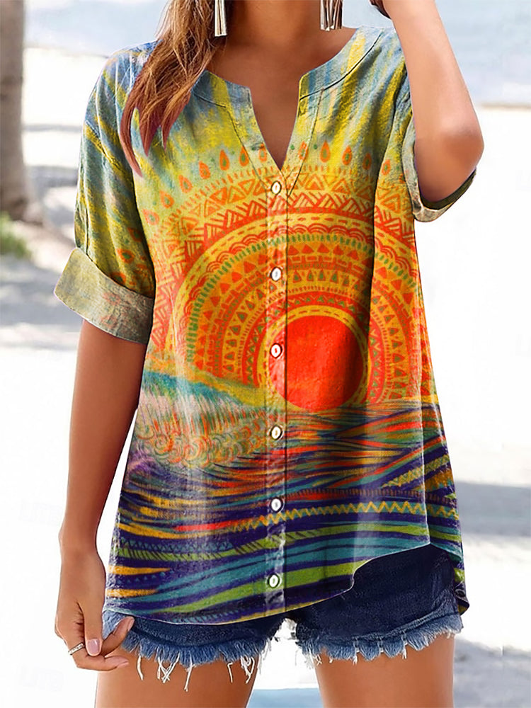 Women's Colorful Sun Ethnic Art Print Casual Cotton And Linen Shirt
