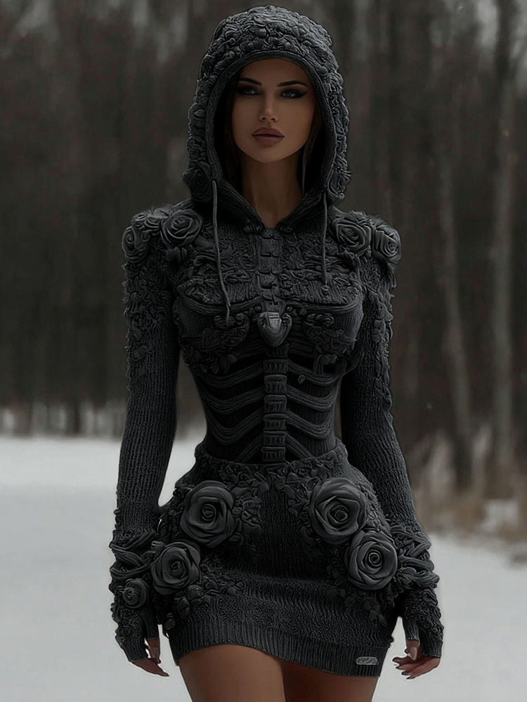 Women's Vintage White Rose And Skull Patchwork Knit Hooded Sweater artswardrobe