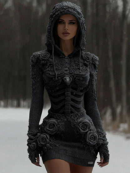 Women's Vintage White Rose And Skull Patchwork Knit Hooded Sweater artswardrobe