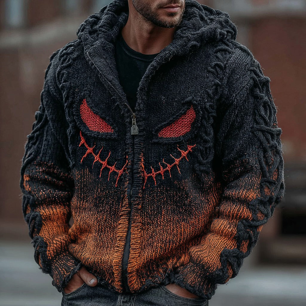 Men's Halloween Spooky Face Gradient Inspired Knitted Distressed Hooded Sweater elevenforest