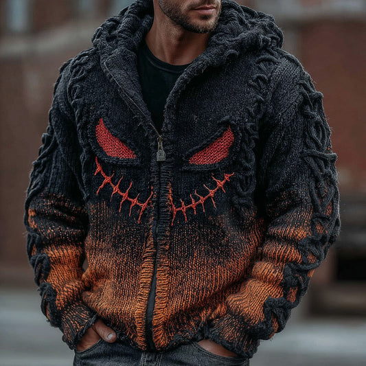 Men's Halloween Spooky Face Gradient Inspired Knitted Distressed Hooded Sweater elevenforest