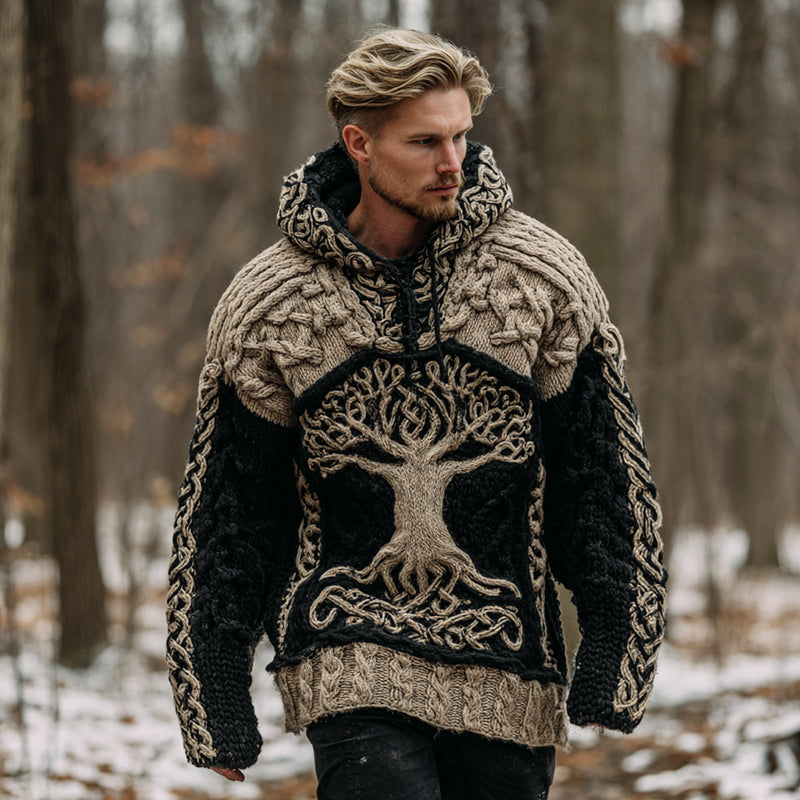 Men's Vintage Viking Tree Of Life Celtic Knot Art Jacquard Chunky Knitted Cozy Hooded Sweater artswardrobe