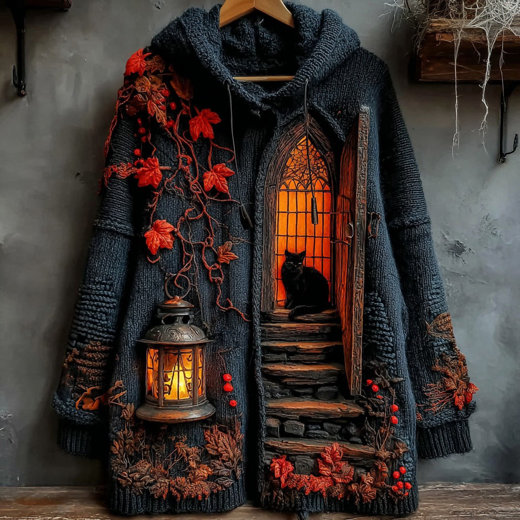 Women's Halloween Little House Cat Art Knitted Button Sweater Cardigan artswardrobe