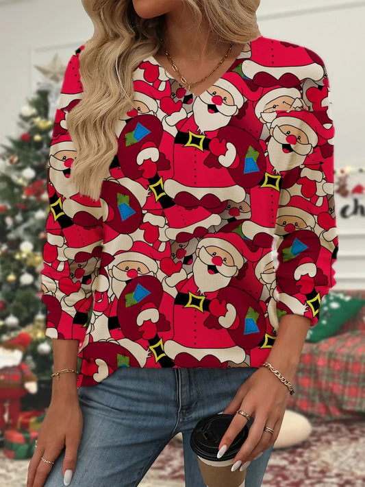 Hannah® | Warm women's knitted sweater with Santa Claus print and V-neck