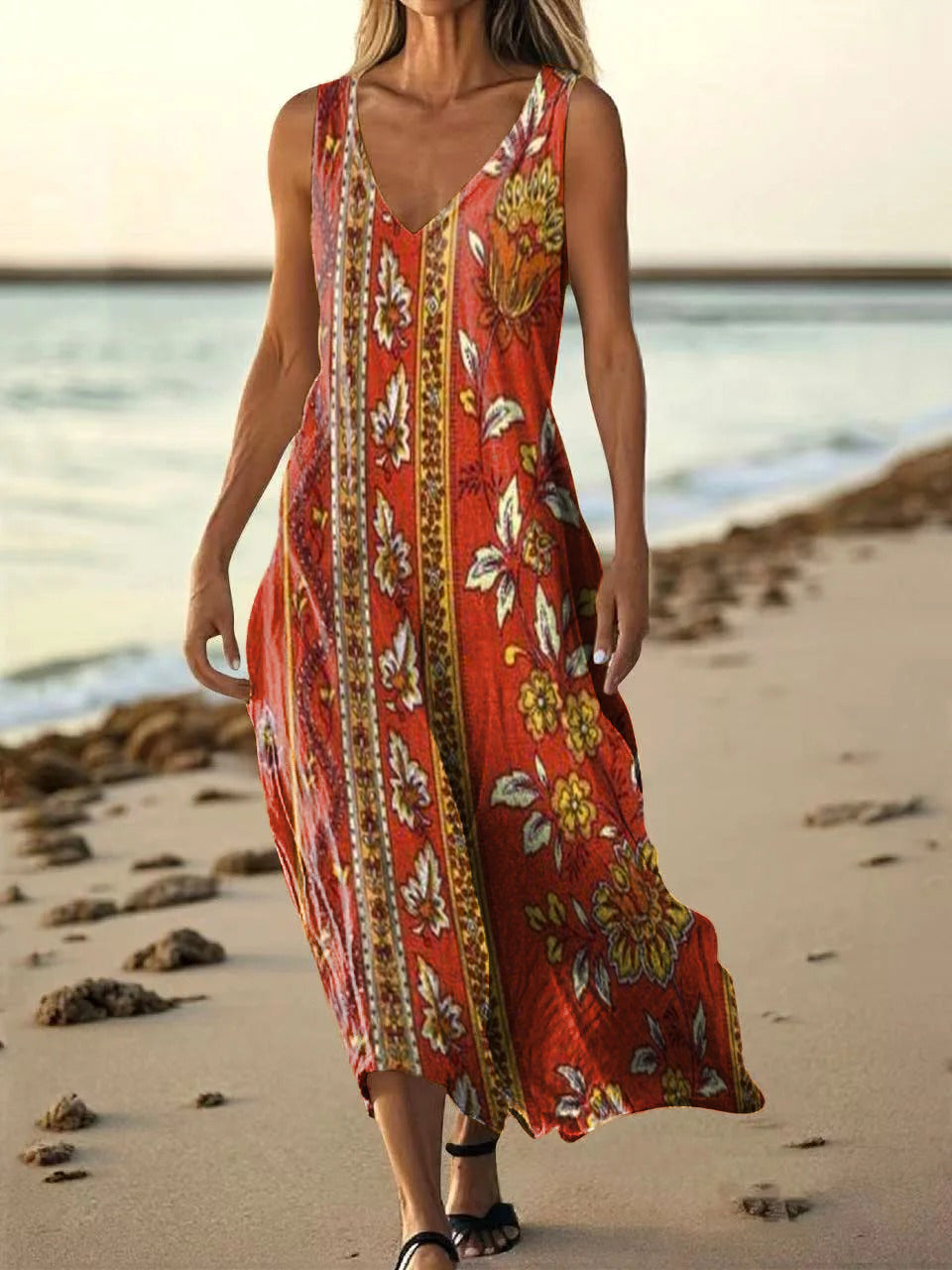 Women's Vintage Folk Floral Collage Art Print V Neck Sleeveless Pocket