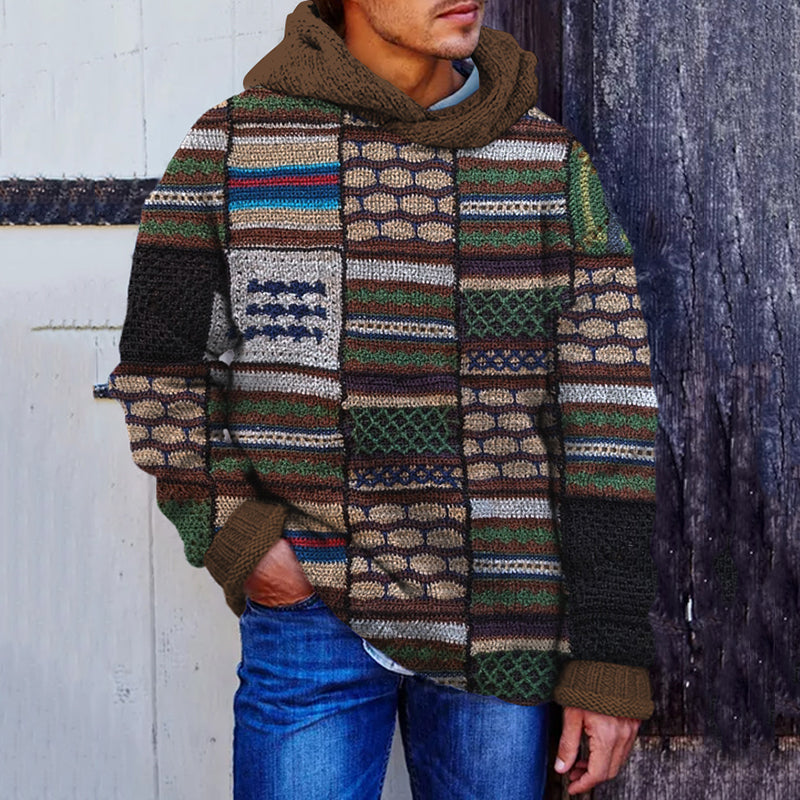 Men'S Vintage Colorful Knitted Patchwork Cozy Hooded Sweater elevenforest
