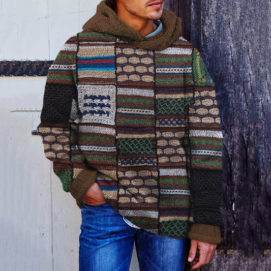 Men'S Vintage Colorful Knitted Patchwork Cozy Hooded Sweater elevenforest