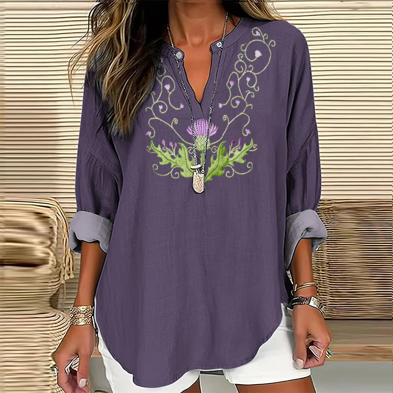 Comstylish Scotland Thistle Embroidered V-Neck Blouse