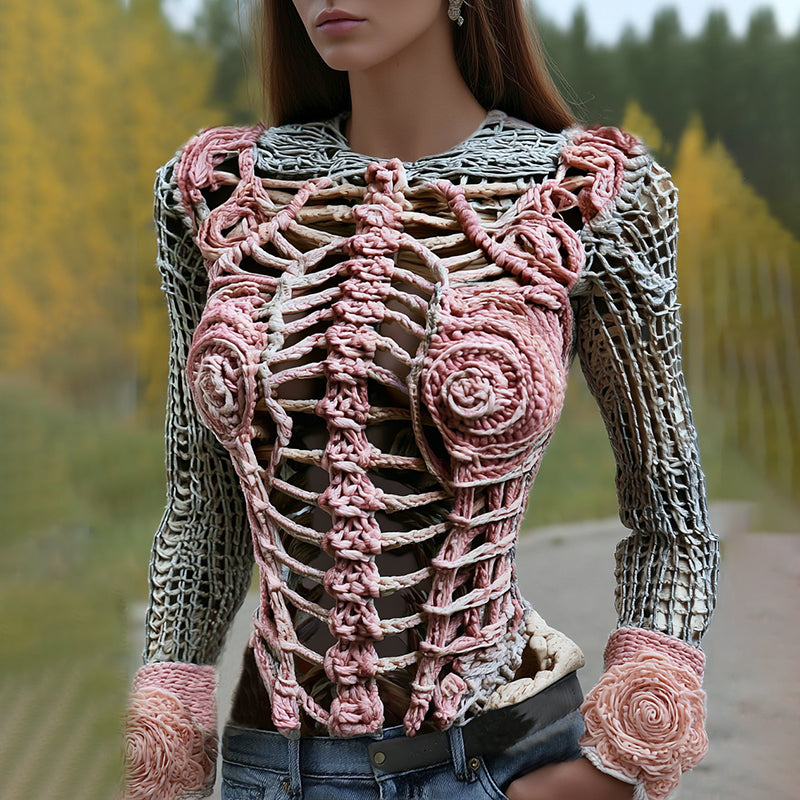 Women's Halloween Skeleton Bones With Roses Art Knitted Warm Sweater artswardrobe