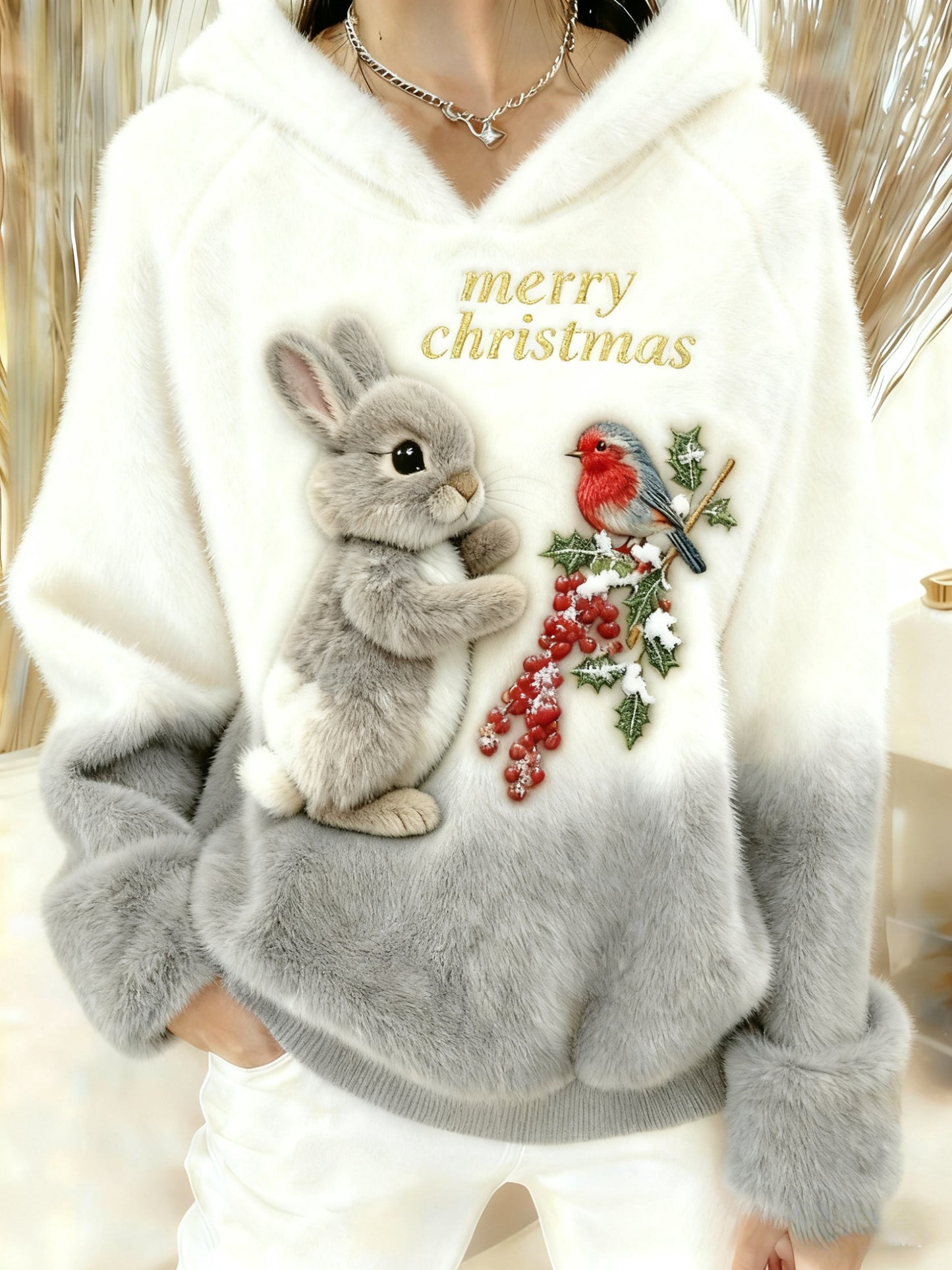Merry Christmas Bunny Cardinal Art Cozy Plush Hooded Sweater