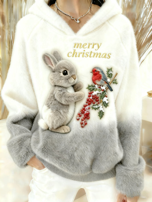 Merry Christmas Bunny Cardinal Art Cozy Plush Hooded Sweater