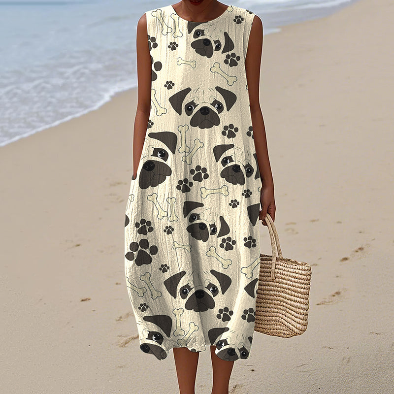 Women's Cute Pug Dog Art Print Dress artswardrobe