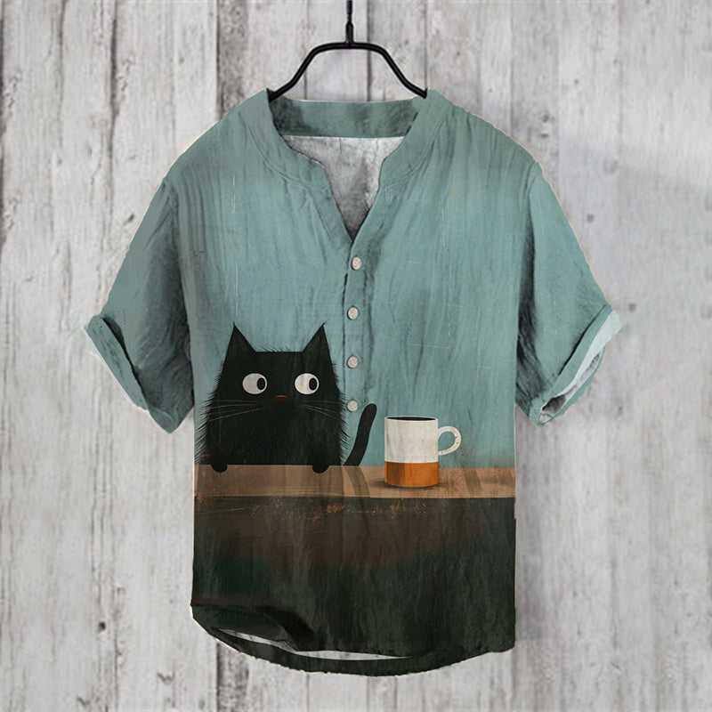 Abstract Creative Japanese Black Cat Coffee Art Linen Blend Shirt elevenforest