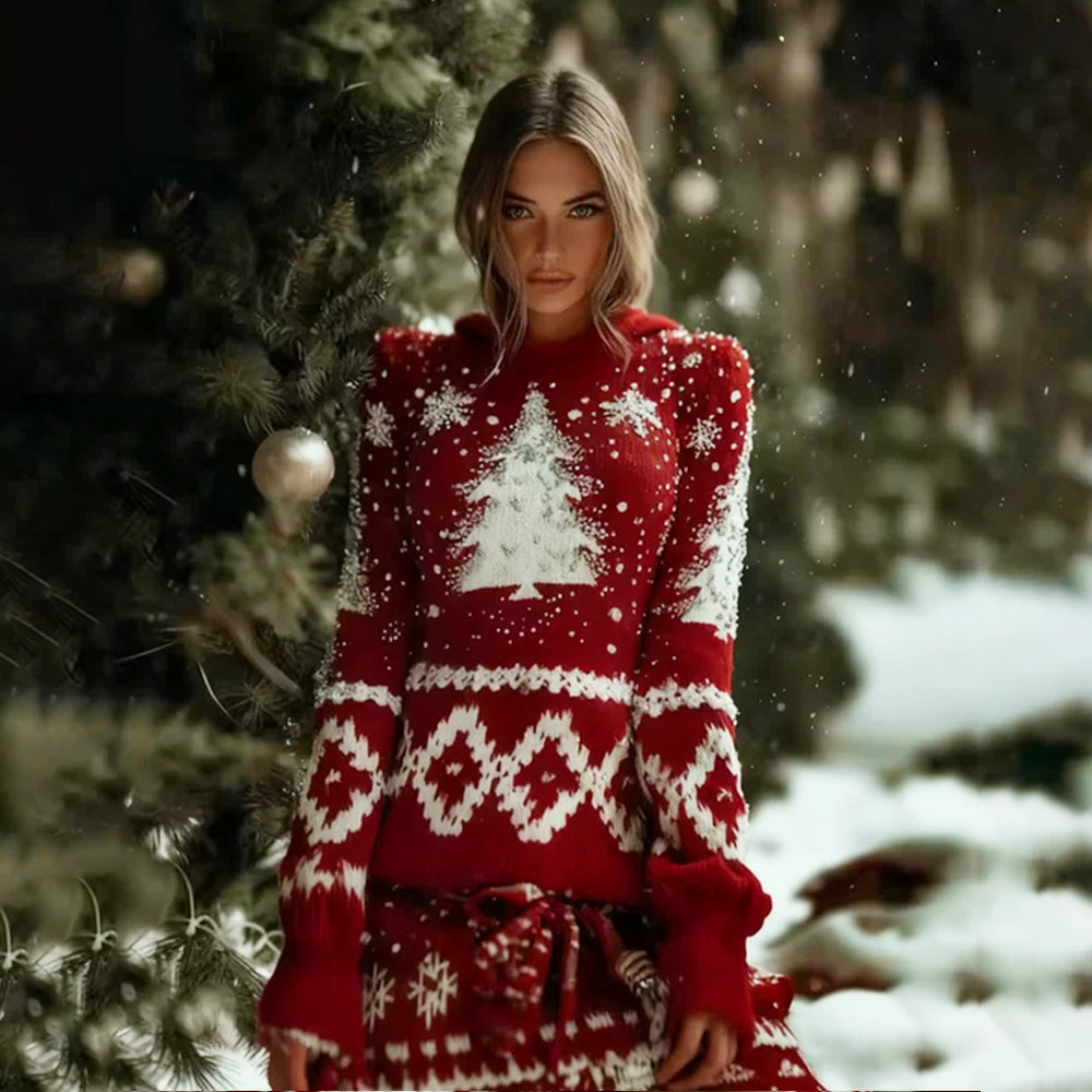 Christmas Tree And Snowflake Jacquard Patterned Hooded Sweater artswardrobe