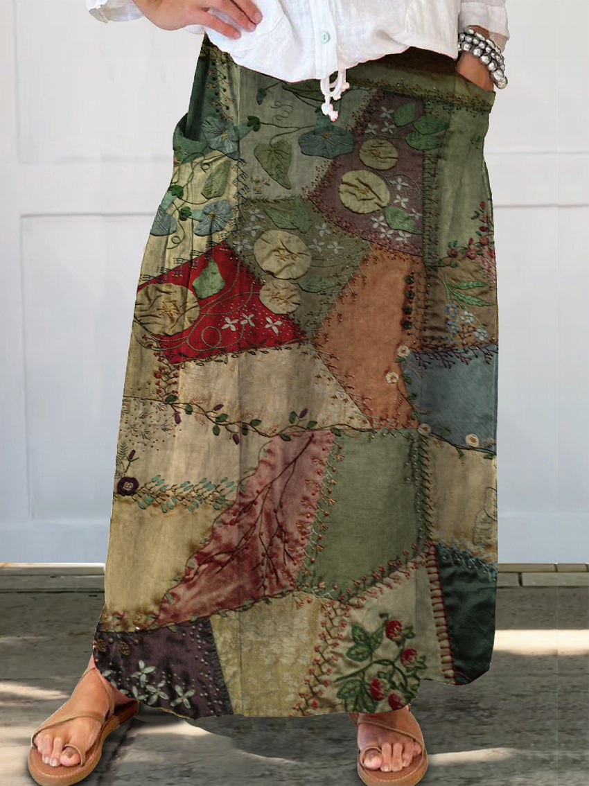 Women's Retro Patchwork Linen Pocket Skirt