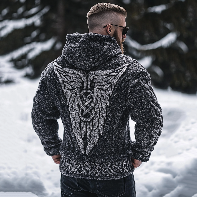 Men's Viking Tribal Hawk Wings Celtic Chunky Knit Hooded Sweater elevenforest