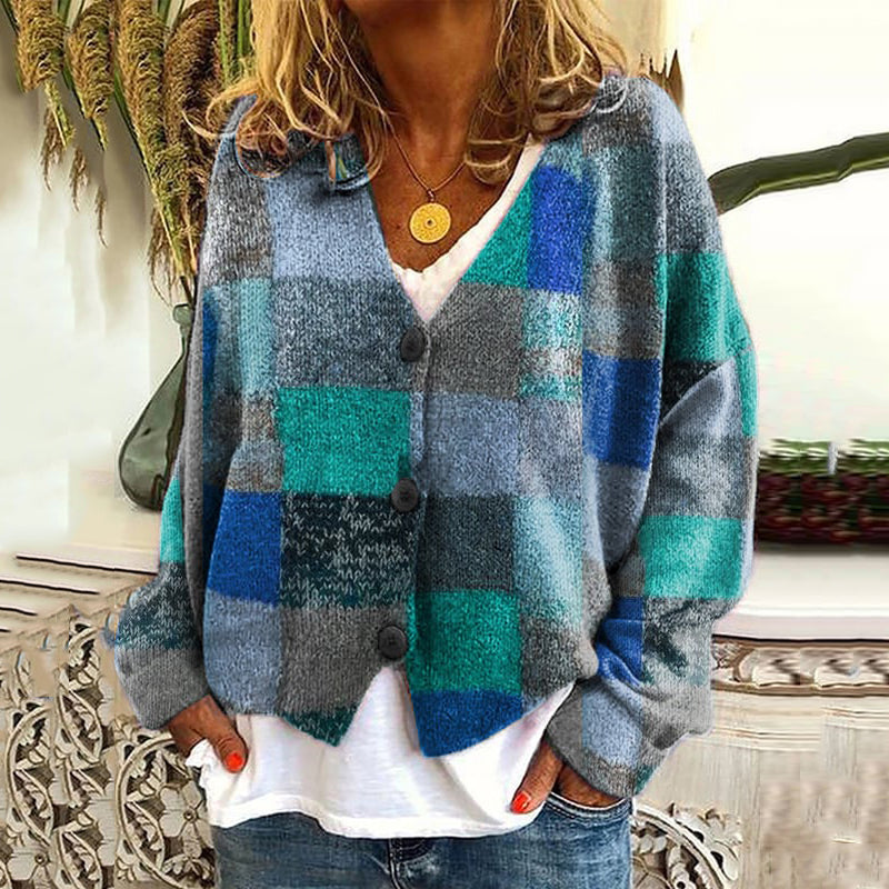 Vintage Geometric Print V-Neck Knitted Cardigan elevenforest