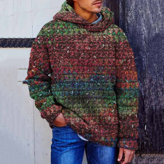 Men's Retro Striped Crochet Art Cozy Hooded Sweater elevenforest
