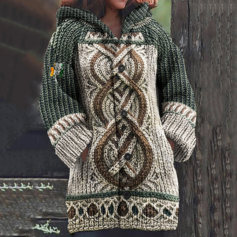 Women's Irish Celtic Jacquard Hooded Button Up Cardigan Sweater elevenforest