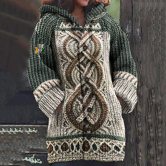 Women's Irish Celtic Jacquard Hooded Button Up Cardigan Sweater elevenforest