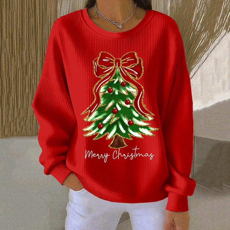 Comstylish Women's Christmas Tree Print Crew Neck Casual Sweatshirt
