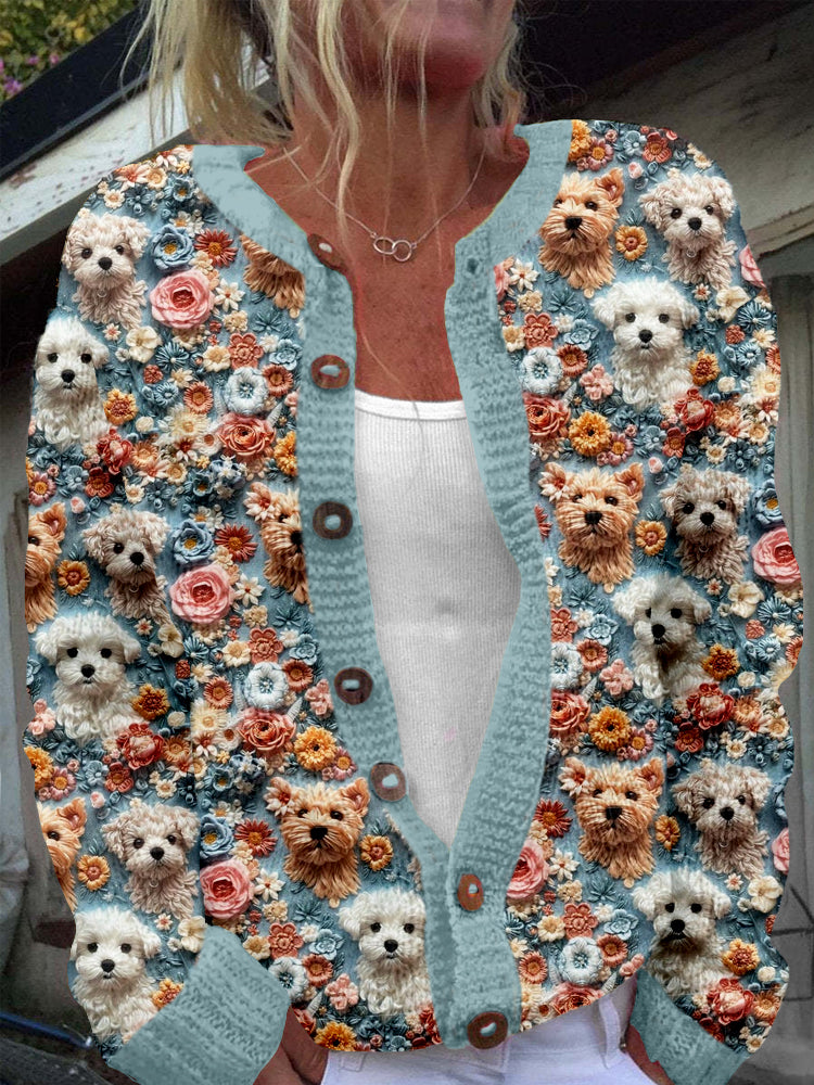 Comstylish Cute Floral Dog Embroidered Cozy Knit Cardigan