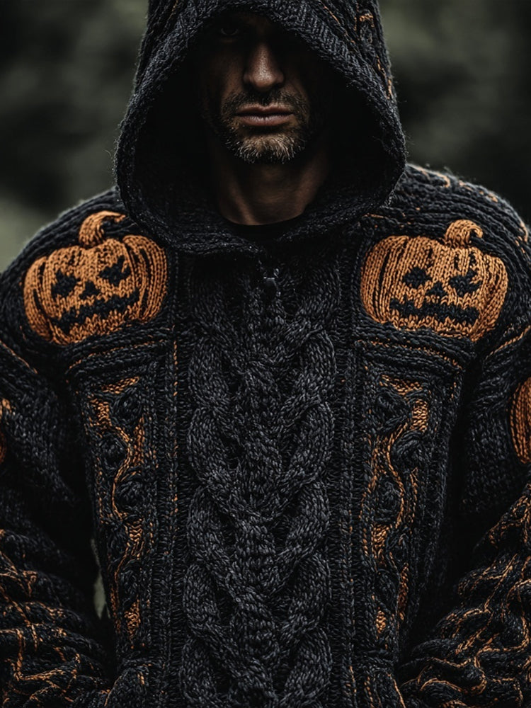 Men's Vintage Halloween Pumpkin Jacquard Chunky Hooded Sweater artswardrobe