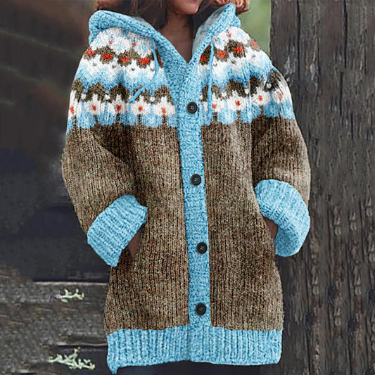 Retro Contrast Color Geometric Jacquard Icelandic Cozy Hooded Knitted Cardigan elevenforest