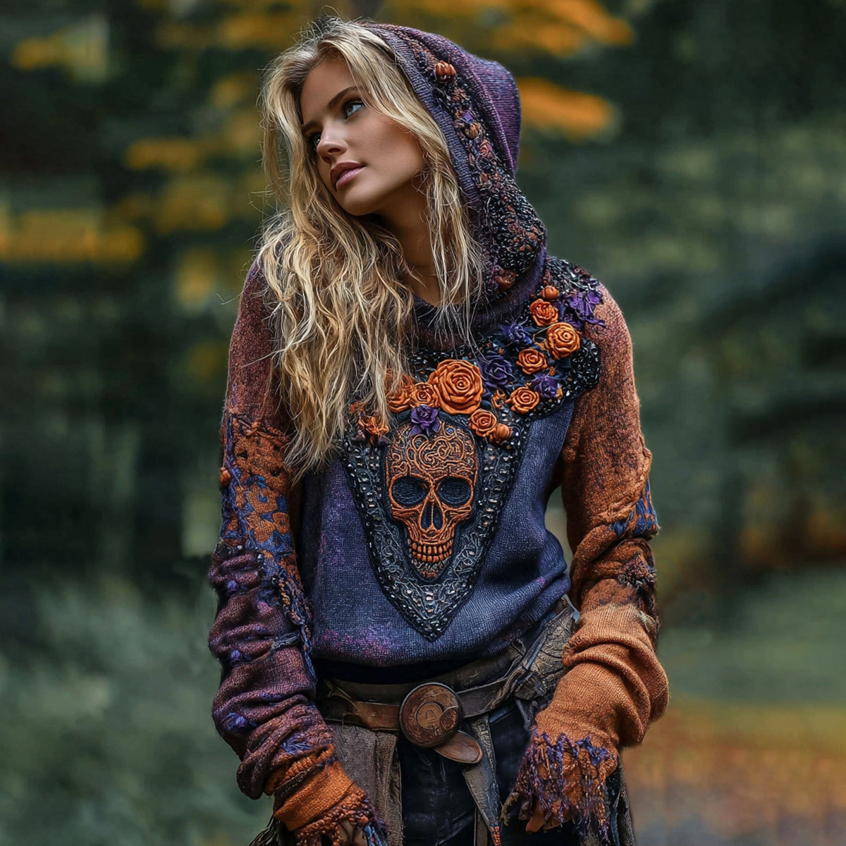 Rose Skull Gothic Color-block Hooded Sweater artswardrobe