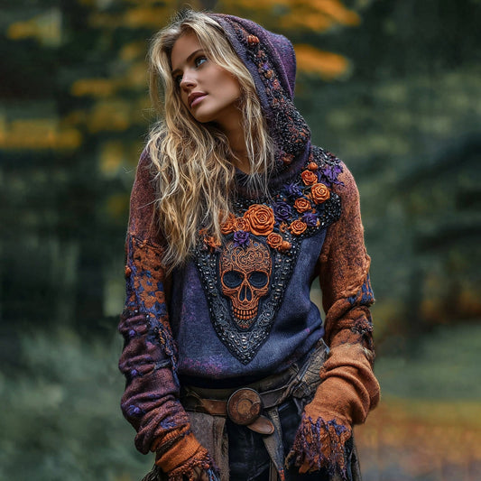Rose Skull Gothic Color-block Hooded Sweater elevenforest