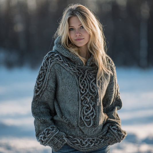 Women's Vintage Viking Celtic Rune Knit Hooded Sweater elevenforest